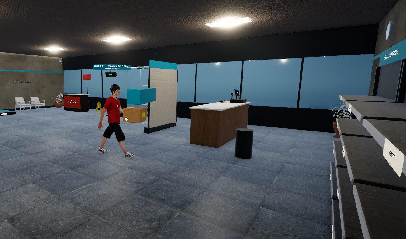 Inside the store with a uniformed worker